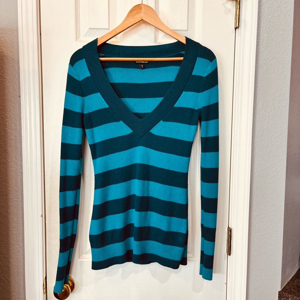 Express V-neck striped fitted sweater.  Size M.  Turquoise colors